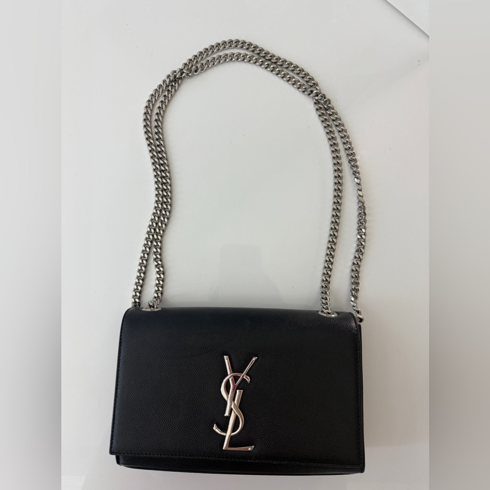 YSL Kate bag black small with silver details and chain. Timeless classic bag